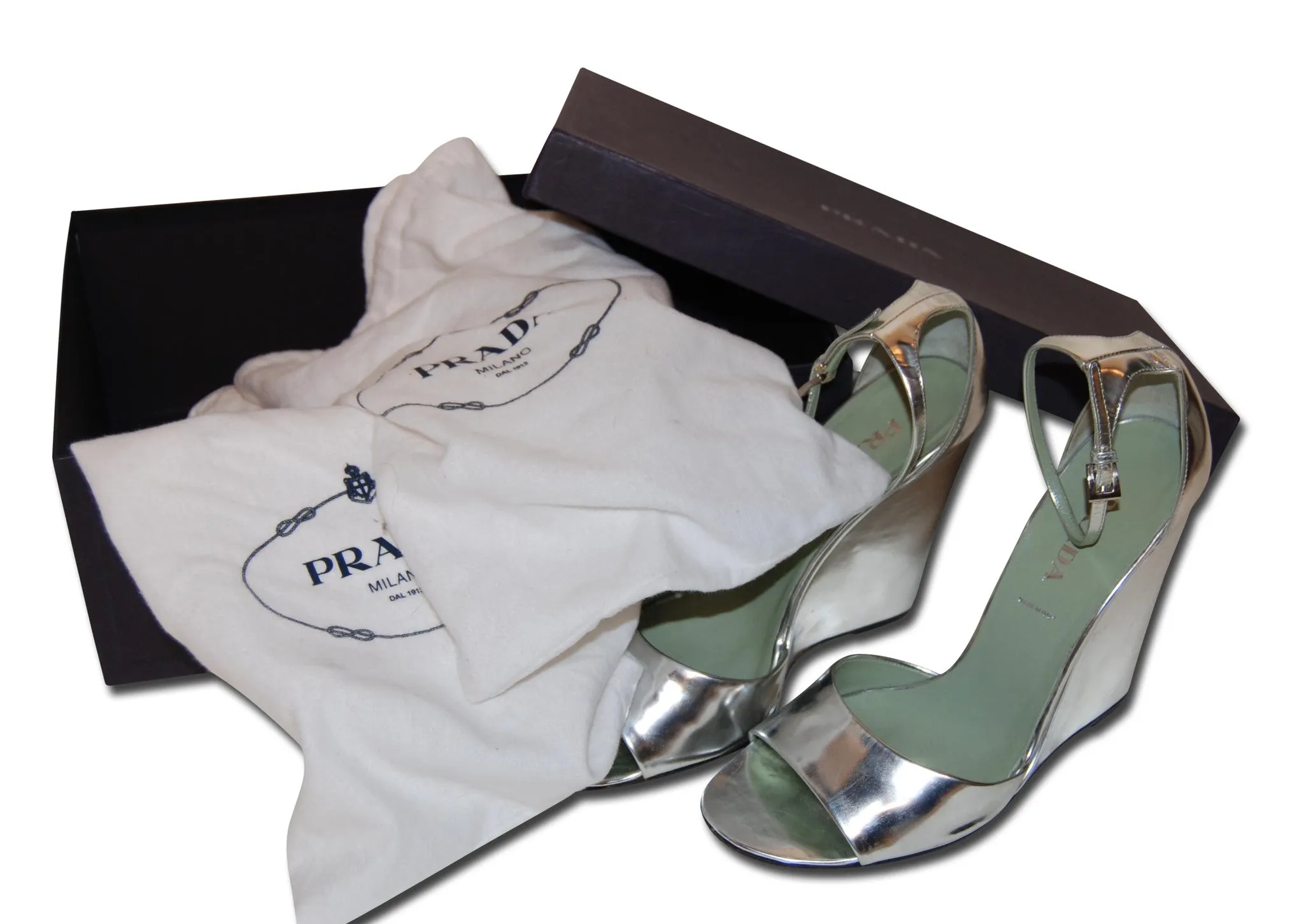 Mirror Shine Silver Prada Wedge