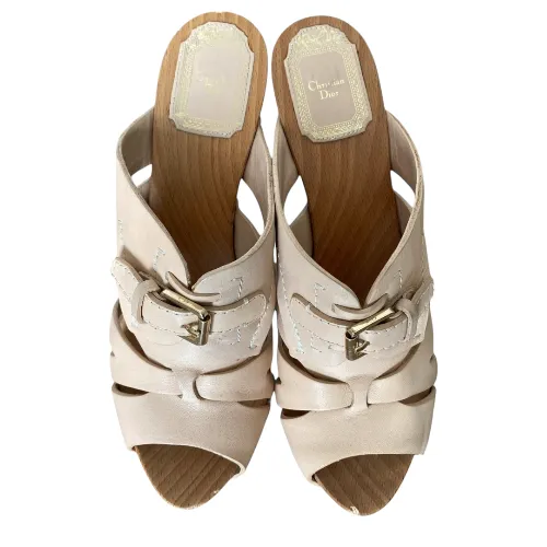 NEW CHRISTIAN DIOR Poudre Leather Strappy, Wood Clog Platform Mules, Size 37