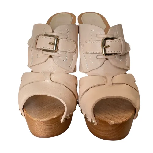 NEW CHRISTIAN DIOR Poudre Leather Strappy, Wood Clog Platform Mules, Size 37