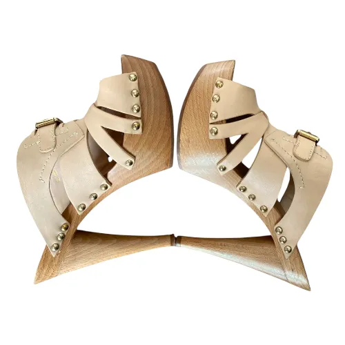 NEW CHRISTIAN DIOR Poudre Leather Strappy, Wood Clog Platform Mules, Size 37
