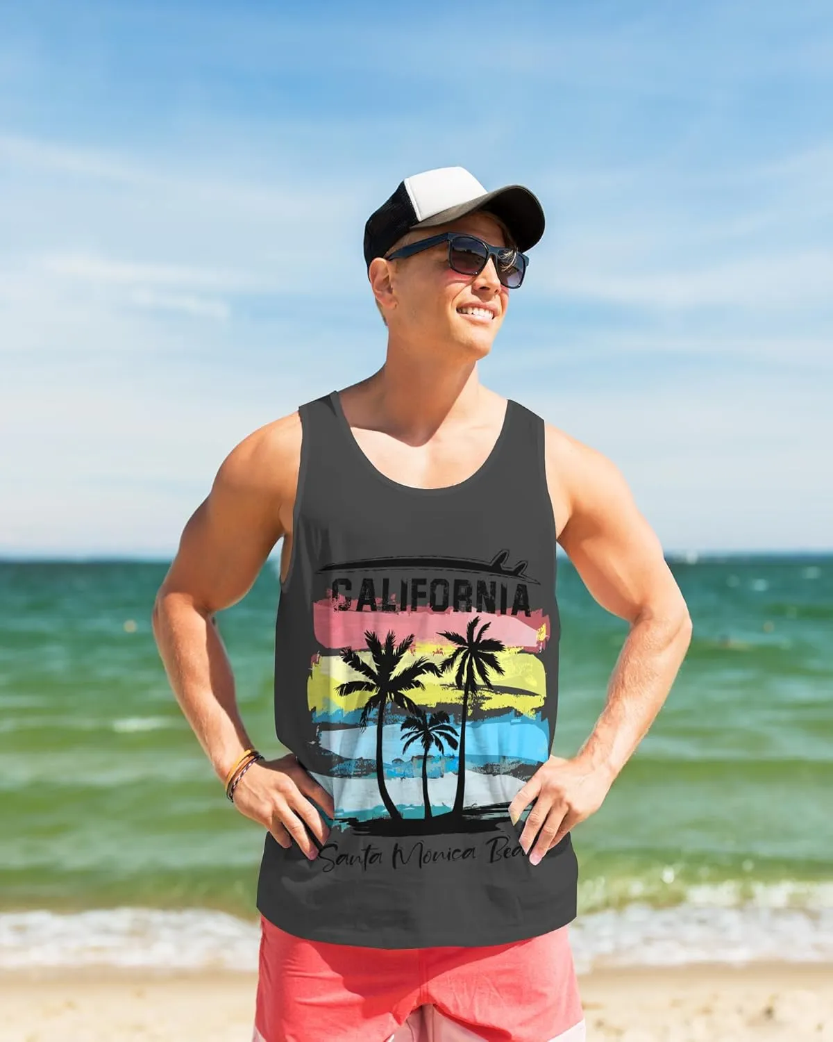 Nidoul Mens Beach Tank Tops Summer Graphic Palm Tree Sleeveless Shirts for Men Vacation Gym Running Workout Tank Top