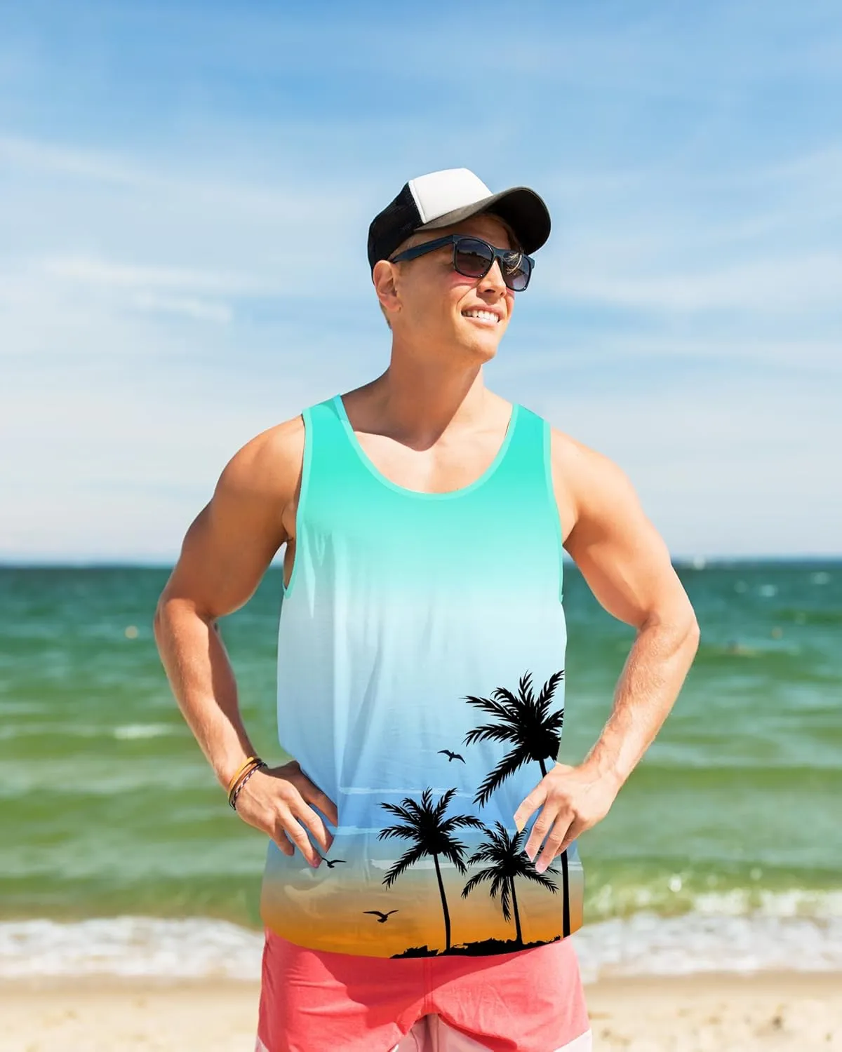 Nidoul Mens Beach Tank Tops Summer Graphic Palm Tree Sleeveless Shirts for Men Vacation Gym Running Workout Tank Top