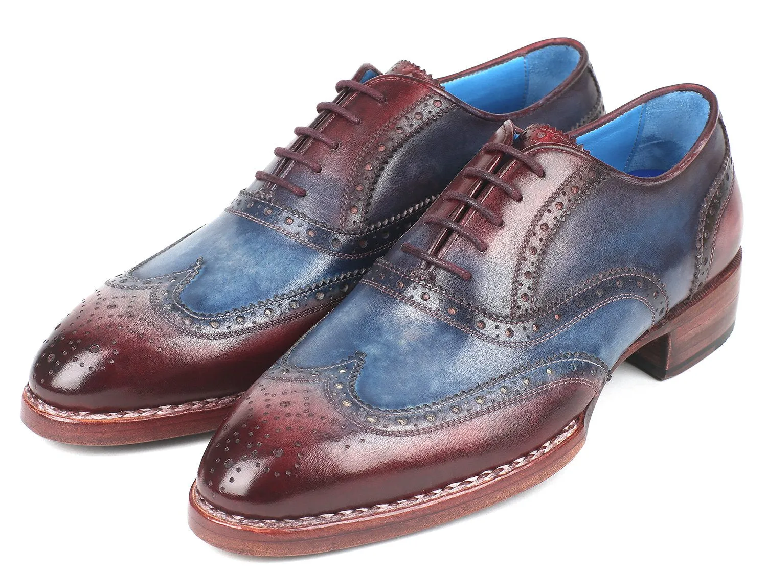 Paul Parkman Goodyear Welted Two Tone Wingtip Oxfords Blue & Bordeaux