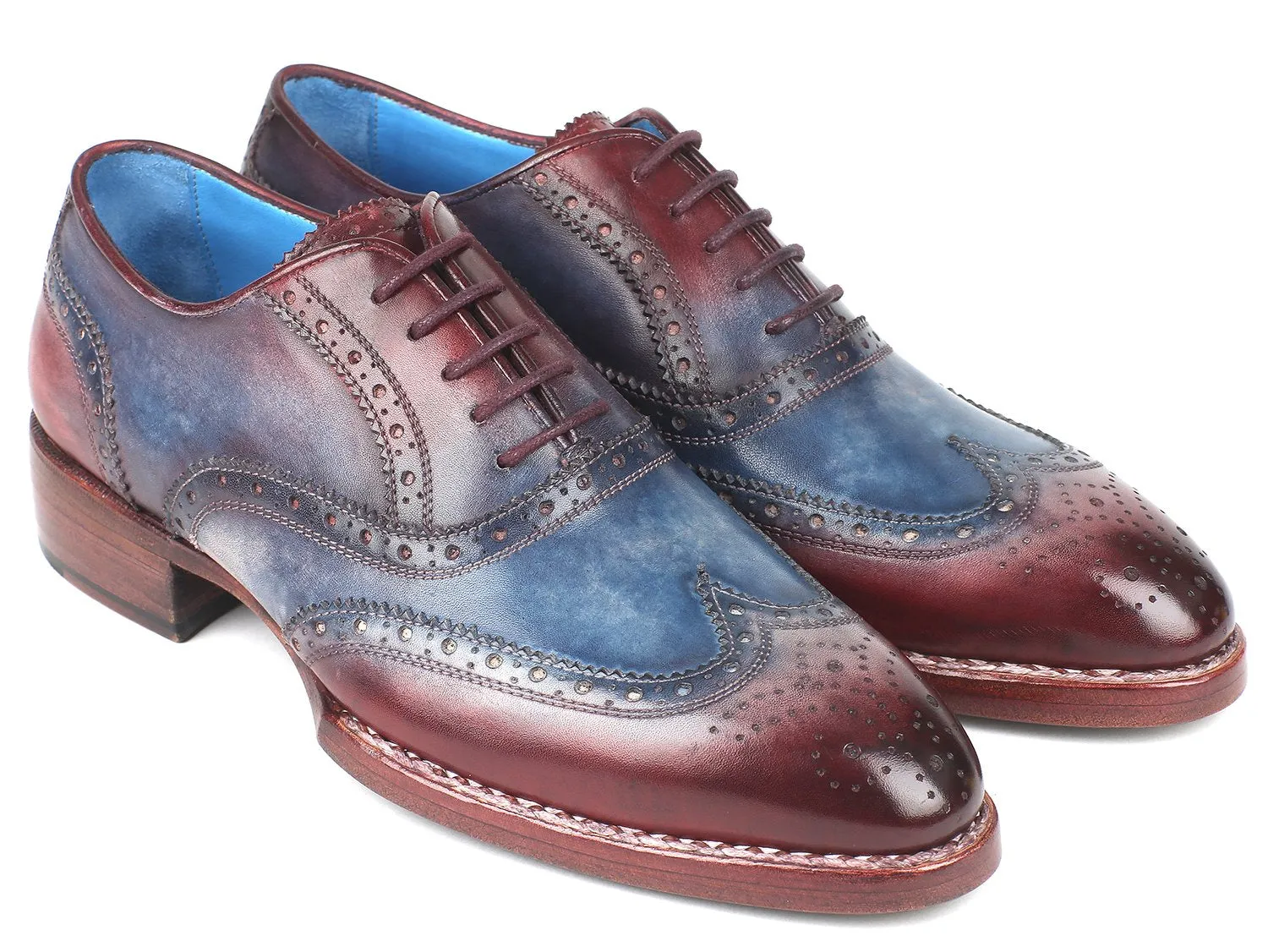Paul Parkman Goodyear Welted Two Tone Wingtip Oxfords Blue & Bordeaux