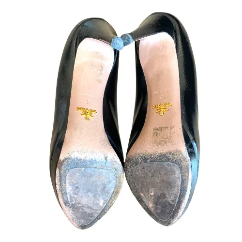 PRADA Black Textured Patent Leather Platform Pumps, Size 41