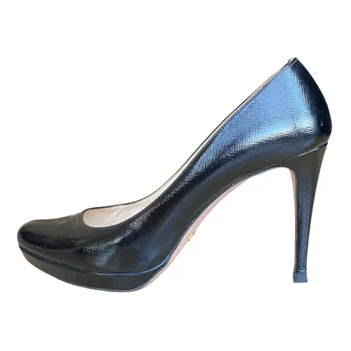PRADA Black Textured Patent Leather Platform Pumps, Size 41