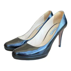PRADA Black Textured Patent Leather Platform Pumps, Size 41