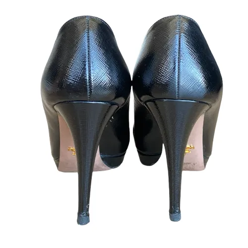 PRADA Black Textured Patent Leather Platform Pumps, Size 41