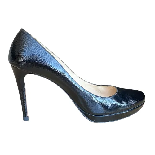 PRADA Black Textured Patent Leather Platform Pumps, Size 41