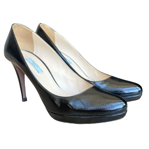 PRADA Black Textured Patent Leather Platform Pumps, Size 41