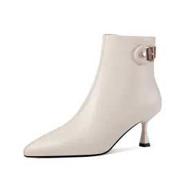 TinaCus Women's Genuine Leather Handmade Kitten Heel Side Zip Pointed Toe Ankle Boots with Buckle