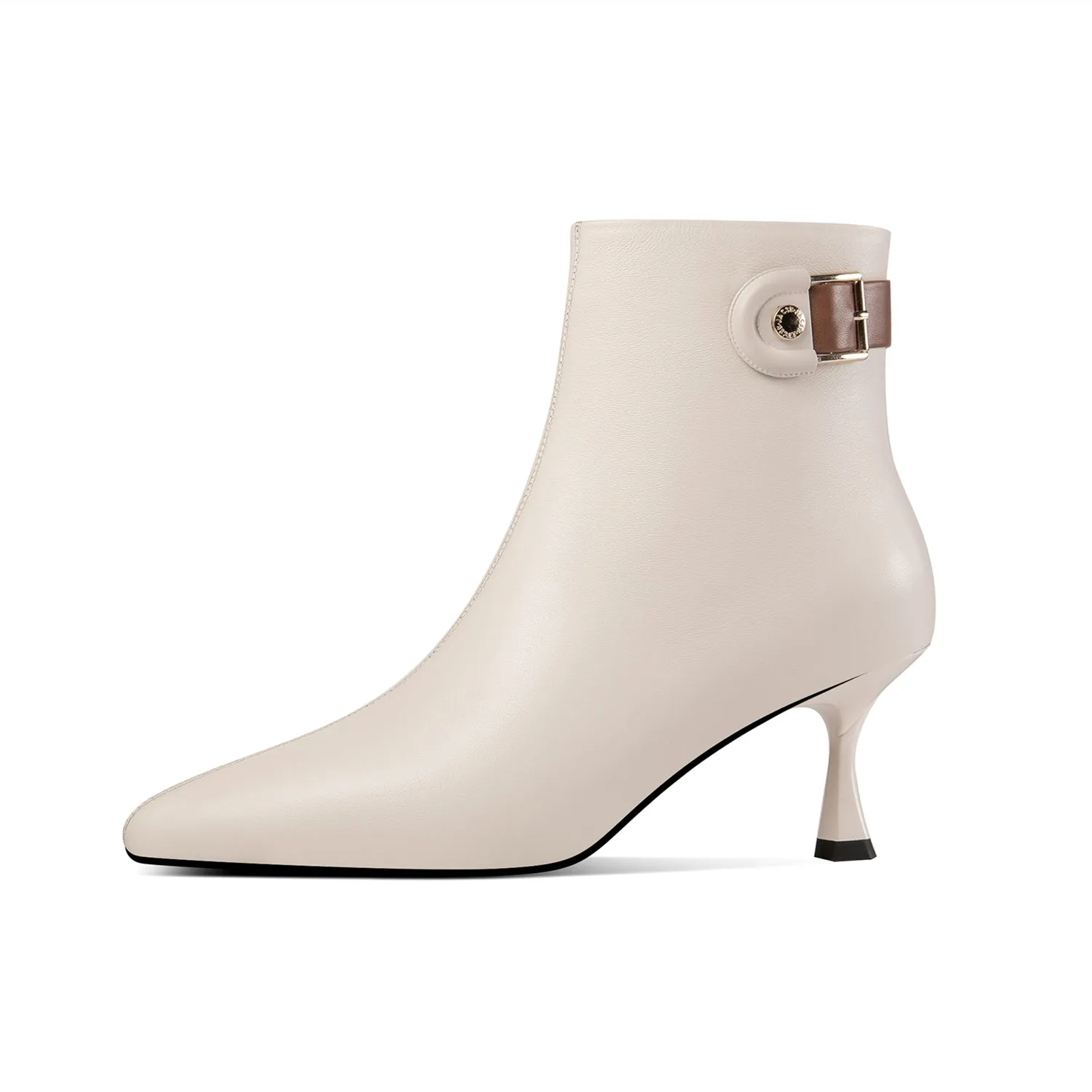 TinaCus Women's Genuine Leather Handmade Kitten Heel Side Zip Pointed Toe Ankle Boots with Buckle