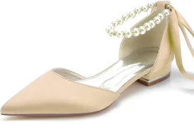 Women's Pointed Toe Pumps Pearl Satin Wedding Shoes for Bride Flats Ankle Strap Bridal Shoes Formal Prom Party Dress Pumps Sandals